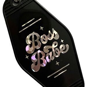 Black Motel Room Style Keychain Holographic print says “Boss Babe”